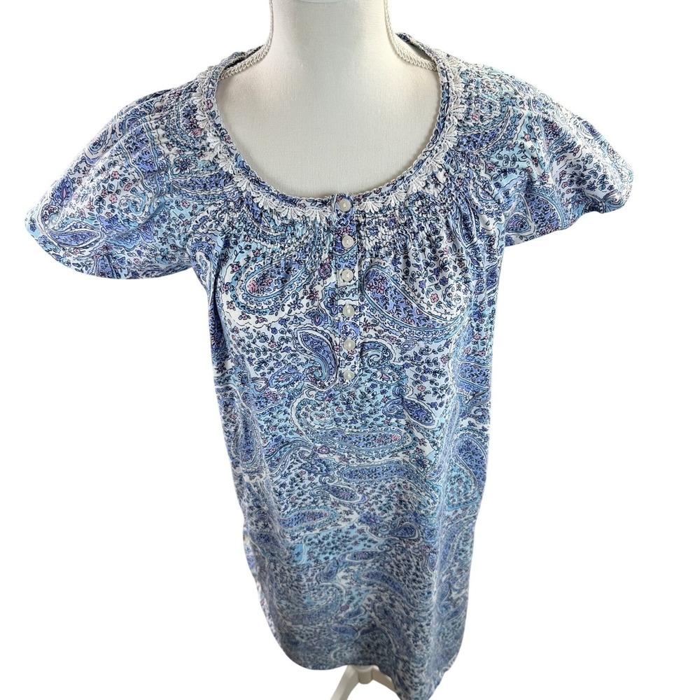 Aria Collection Blue Paisley Short Sleeve 100% Cotton House dress L - Picture 3 of 9